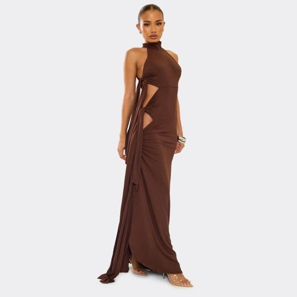 EGO High Neck Cut Out Tide Side Detail Maxi Dress In Chocolate, Women's Size UK Large L