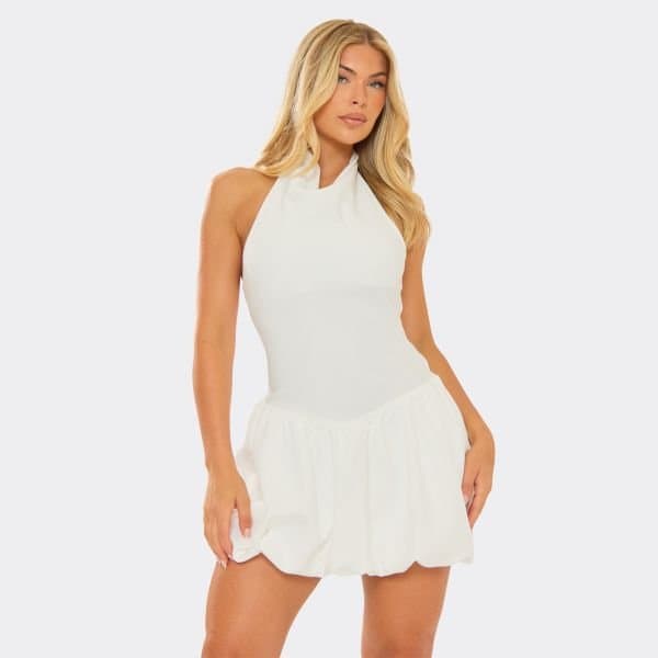 EGO High Cowl Neck Puffball Hem Detail Mini Dress In White, Women's Size UK 6