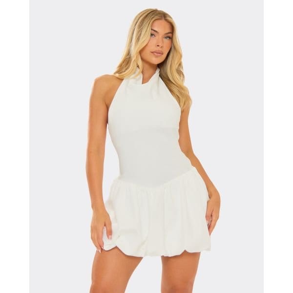 EGO High Cowl Neck Puffball Hem Detail Mini Dress In White, Women's Size UK 6 - 2