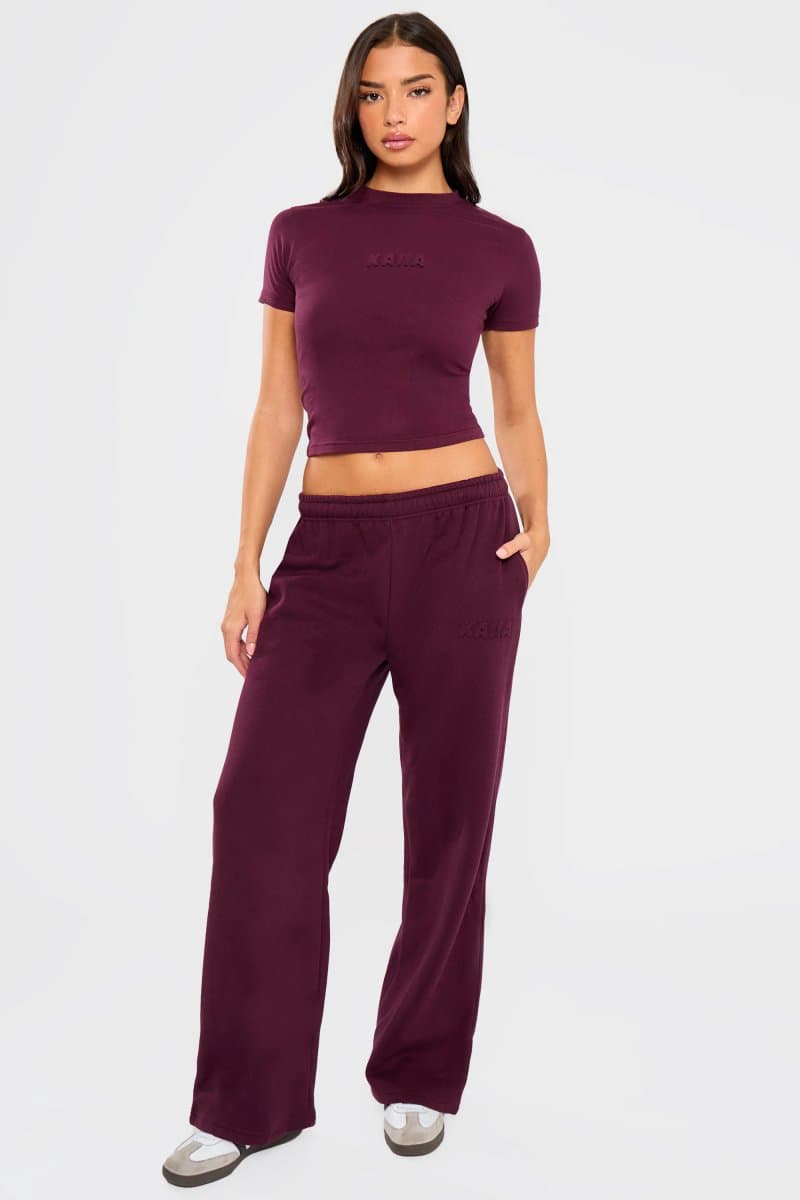 Kaiia Kaiia Embossed Bubble Logo Wide Leg Joggers Deep Merlot Burgundy