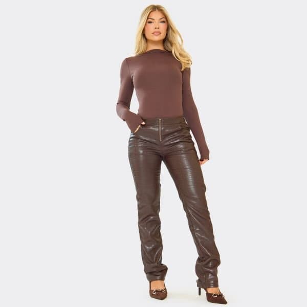 EGO Mid Rise Straight Leg Trousers In Chocolate Brown Croc Print Faux Leather, Women's Size UK 6