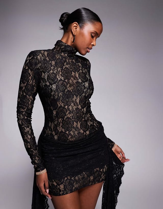 ASOS The Dolls House Circa Kiki lace high neck drape detail mini dress in black - 3