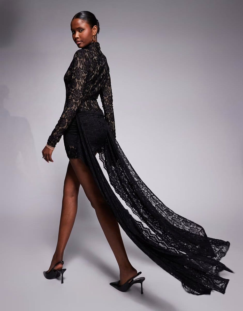 ASOS The Dolls House Circa Kiki lace high neck drape detail mini dress in black - 4