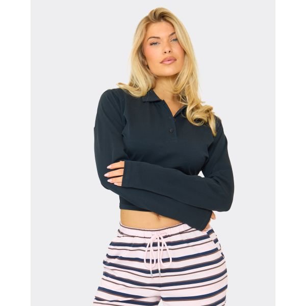 EGO Long Sleeve Button Detail Cinched Waist Top In Navy, Women's Size UK 6 - 2