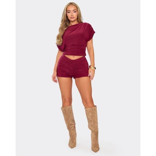 EGO Low Rise Ruched Hot Pants In Burgundy Slinky, Women's Size UK 6 - 2