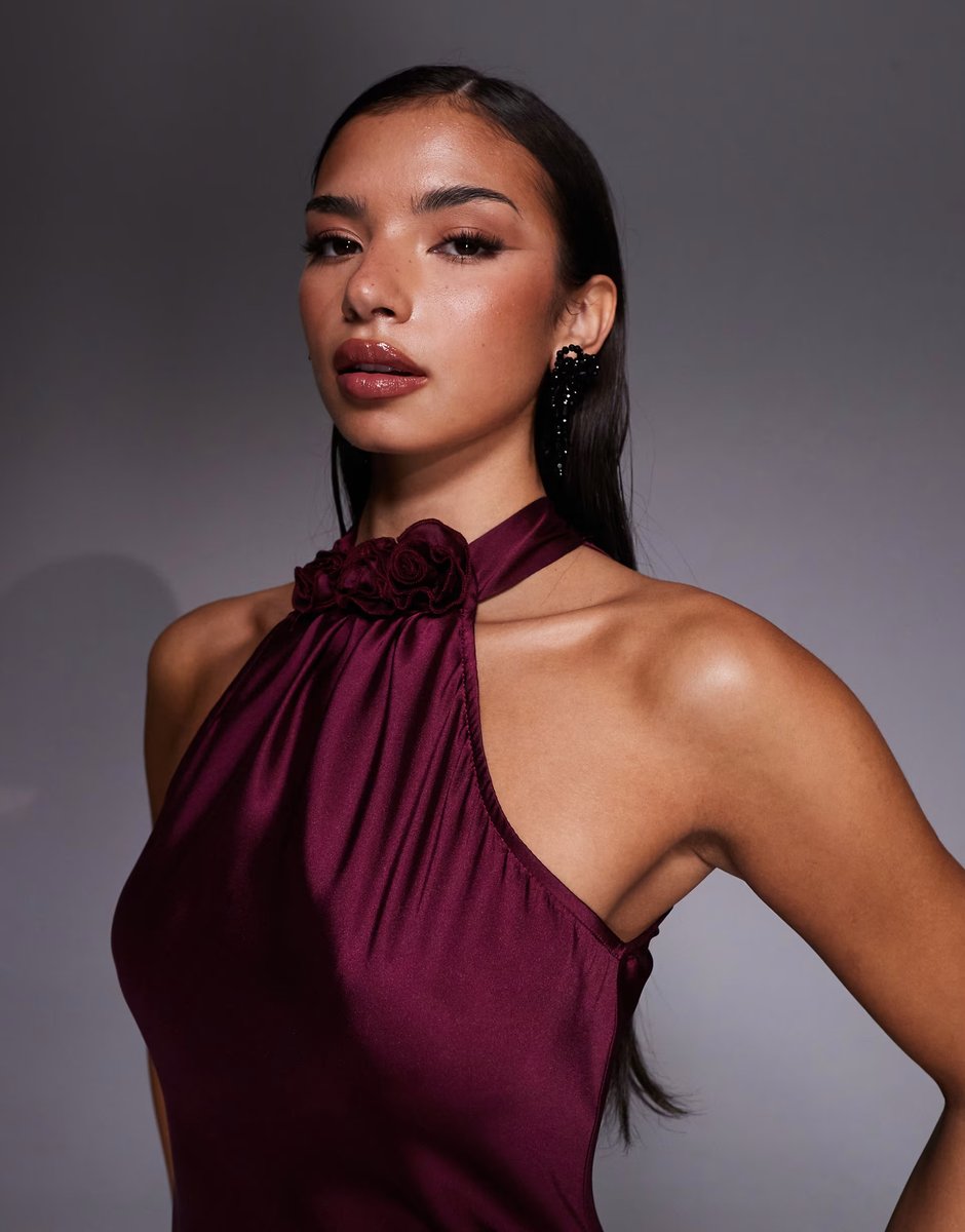 ASOS New Look satin corsage detail halterneck midi dress in burgundy - 3
