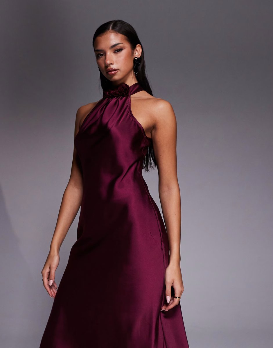 ASOS New Look satin corsage detail halterneck midi dress in burgundy - 4