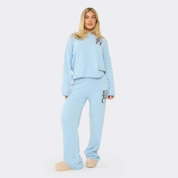 EGO EGO Mid Waist Graphic Straight Leg Trousers in Baby Blue