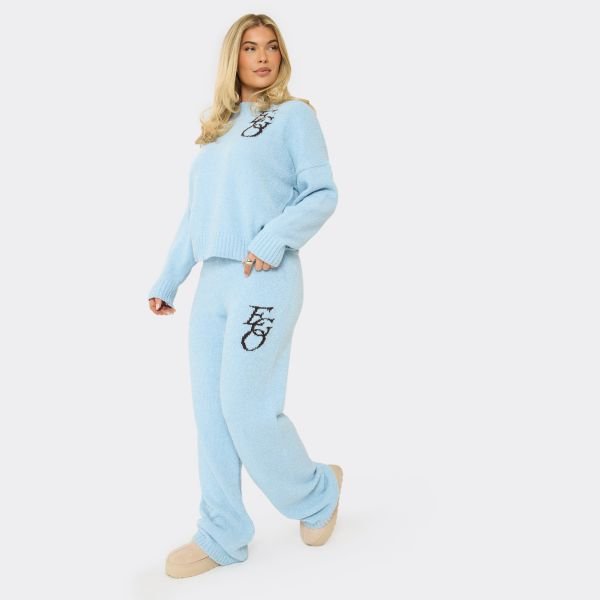 EGO Mid Waist Ego Graphic Straight Leg Trousers In Baby Blue Knit, Women's Size UK Large L - 2