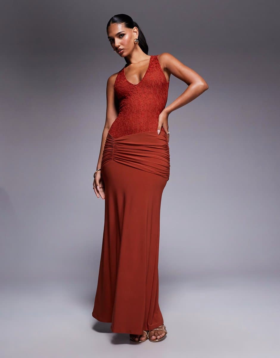 ASOS ASOS DESIGN deep v-neck maxi dress with sheer lace bodice and ruched skirt in rust