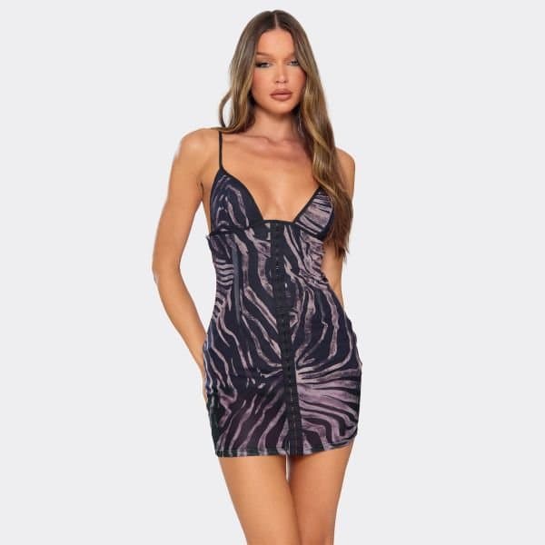 EGO Strappy Hook And Eye Detail Mini Dress In Multi Animal Print, Women's Size UK 8