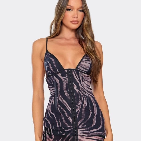 EGO Strappy Hook And Eye Detail Mini Dress In Multi Animal Print, Women's Size UK 8 - 2