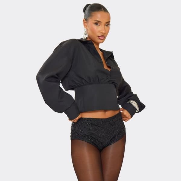 EGO Low Rise Embellished Detail Knicker Shorts In Black Sequin, Women's Size UK 6