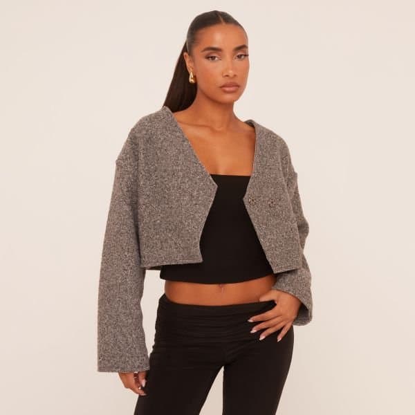 EGO EGO Asymmetric Button Front Cropped Jacket in Grey Faux Wool