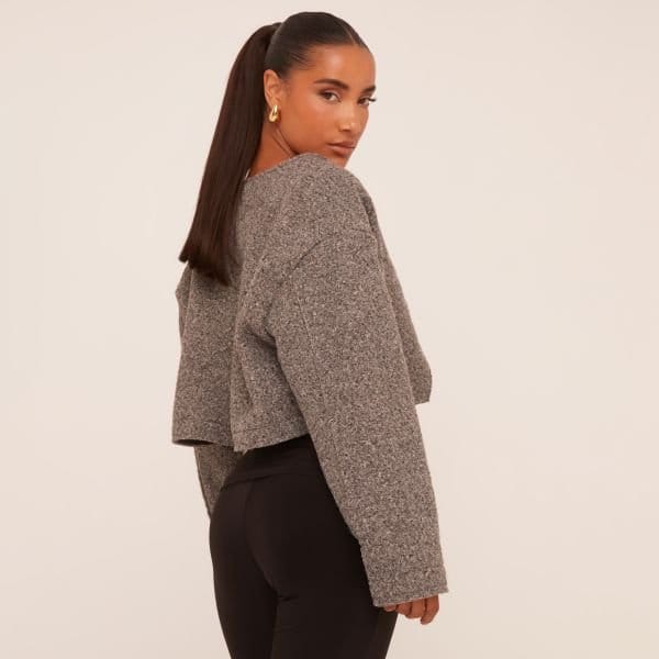 EGO Asymmetric Button Front Cropped Jacket In Grey Faux Wool, Women's Size UK Large L - 2