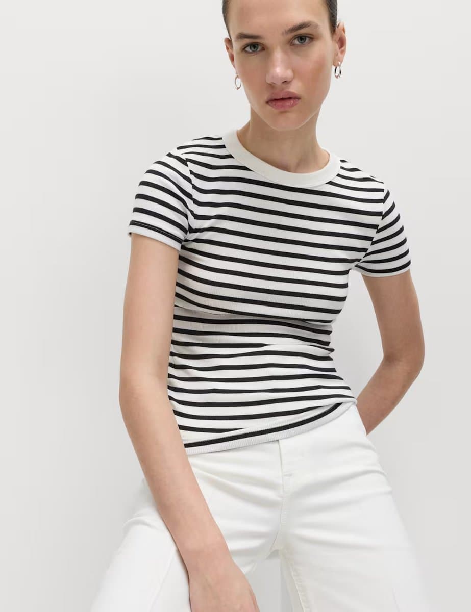 Marks & Spencer M&S Slim Fit Cotton-Rich Ribbed T-Shirts in Black Mix