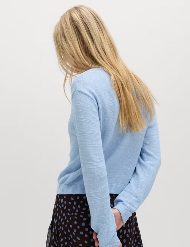 Marks & Spencer M&S Cotton Rich Button Through Cropped Cardigan Light Wedgewood - 3