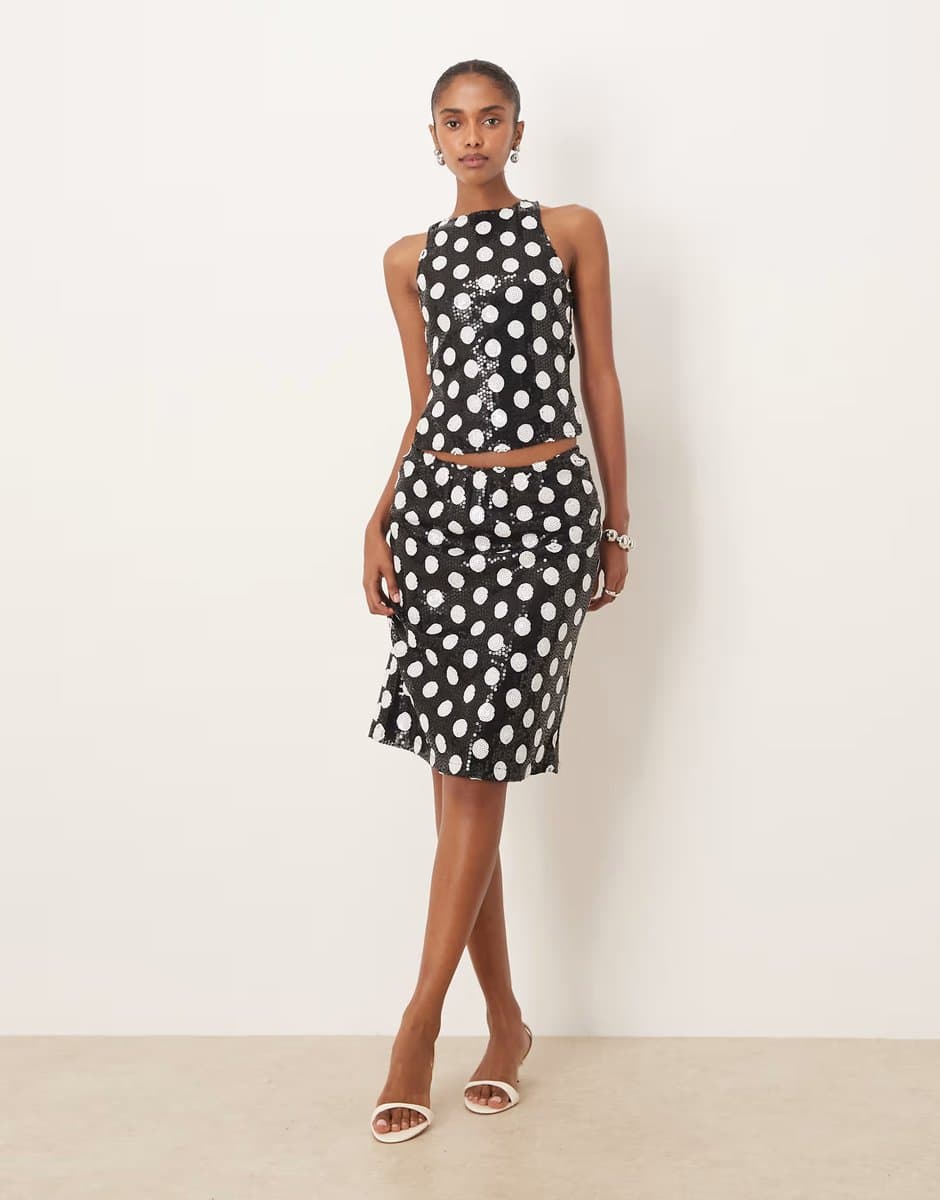 ASOS Motel kavivi low rise knee length skirt in mono polka dot sequin co-ord