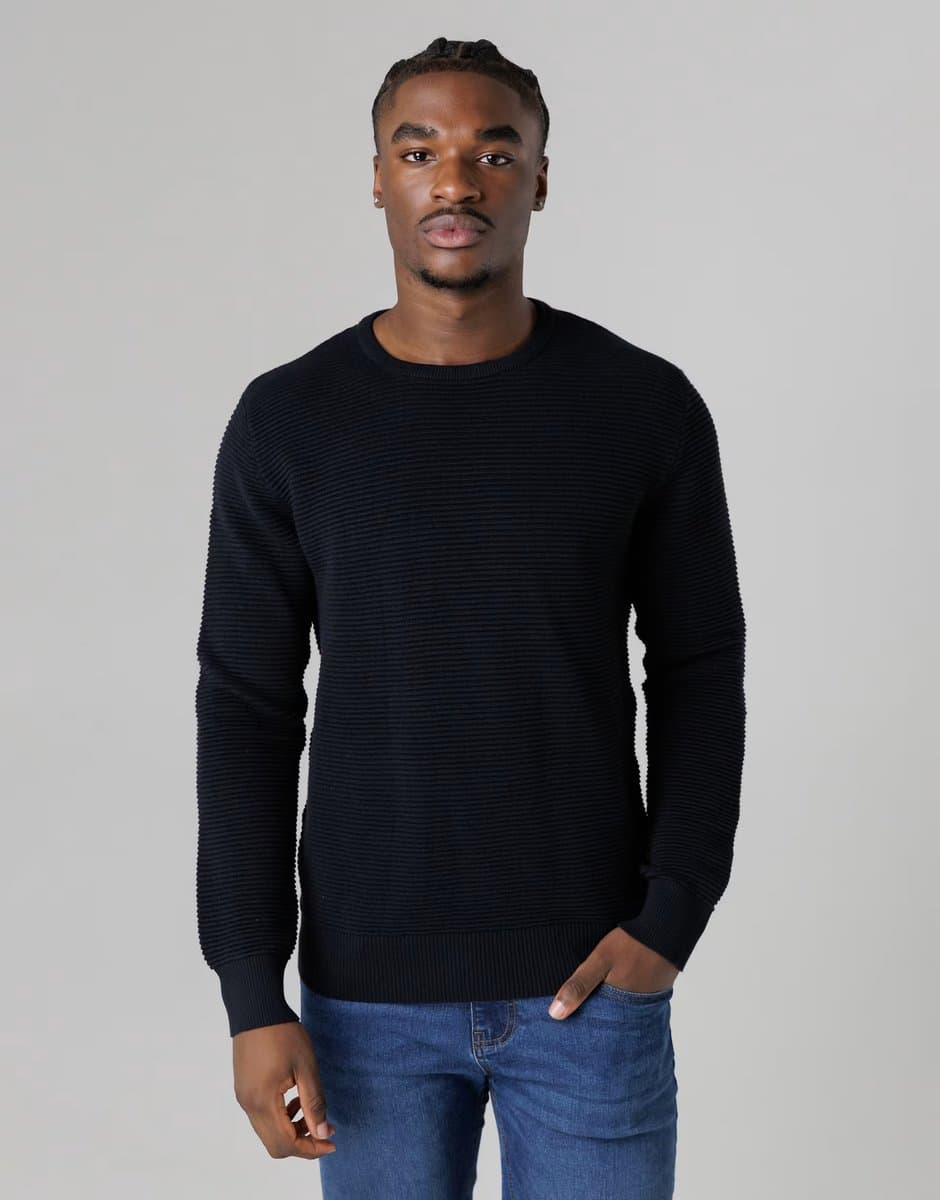 ASOS French Connection Cotton ottoman crew neck striped knit jumper in navy