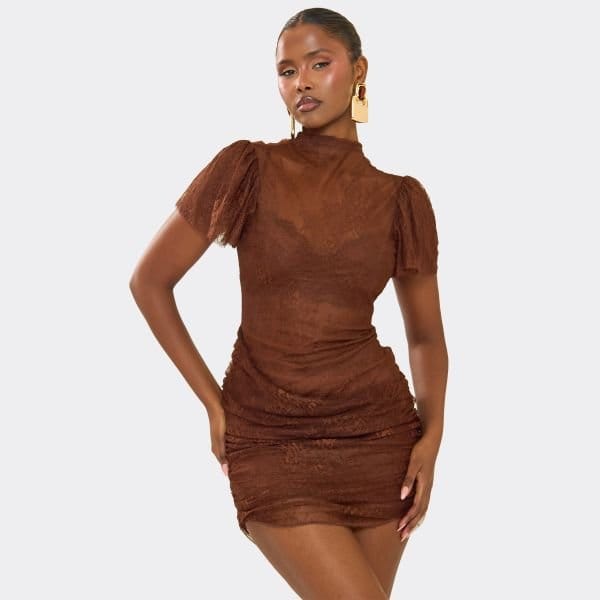 EGO High Neck Short Sleeve Ruched Front Mini Dress In Brown Lace, Women's Size UK 6 - 2