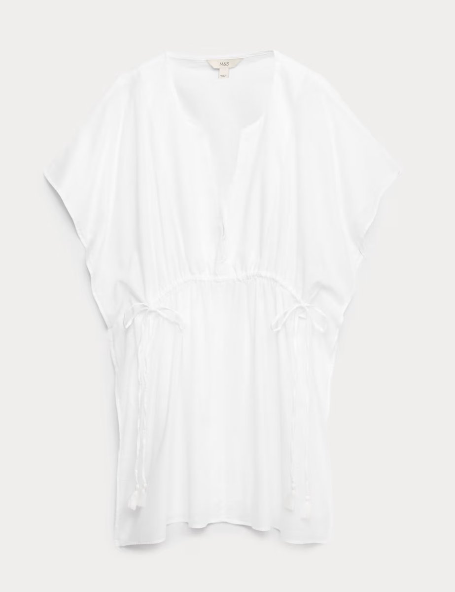 Marks & Spencer M&S Pure Cotton Tie Detail Mini Kaftan Dress Soft White - 2