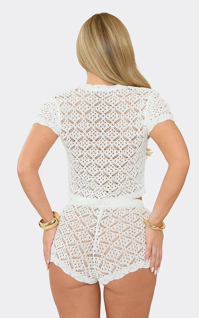 EGO Short Sleeve Button Down Top In White Crochet Knit, Women's Size UK L - 2