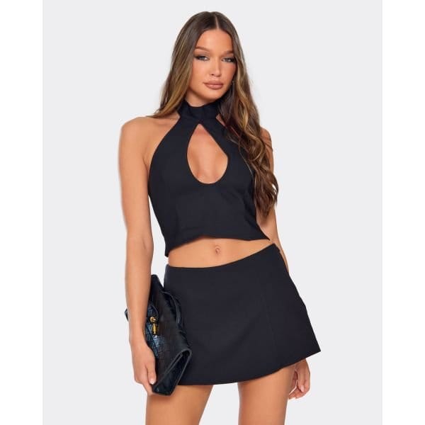 EGO Halterneck Keyhole Cut Out Detail Fitted Top In Black, Women's Size UK 6 - 2
