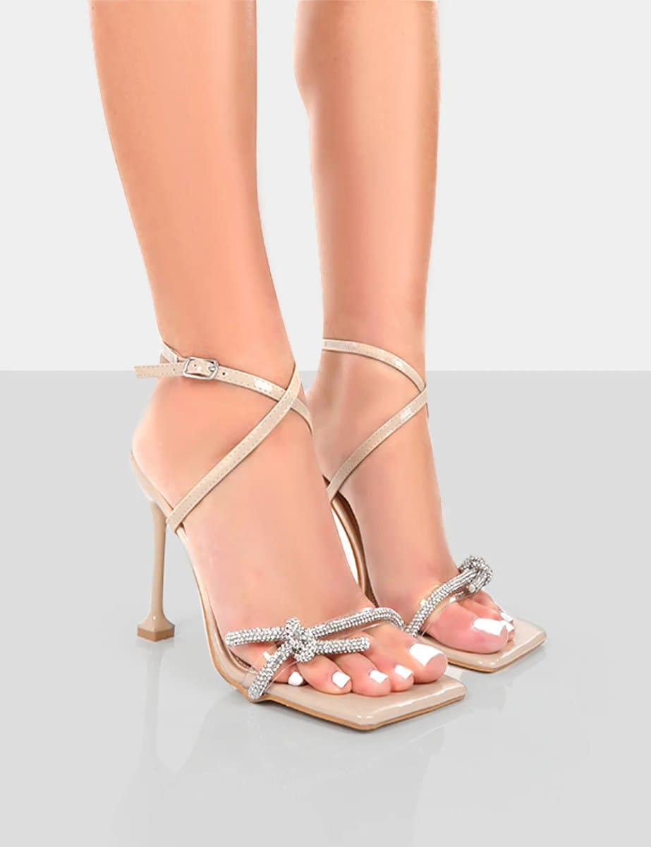 Public Desire Glitter Nude Wrap Around Diamante Bow Square Toe Heels