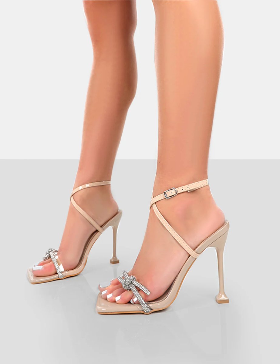 Public Desire Glitter Nude Wrap Around Diamante Bow Square Toe Heels - 4