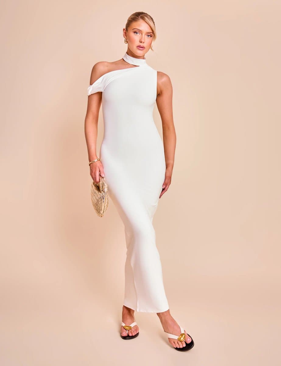 Public Desire Asymmetric One Shoulder Choker Detail Luxe Slinky Midi Dress White