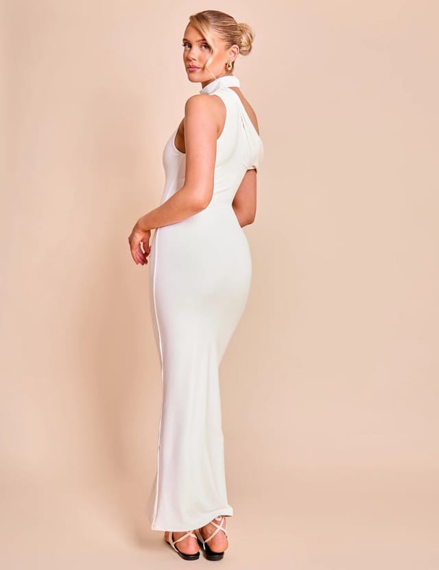 Public Desire Asymmetric One Shoulder Choker Detail Luxe Slinky Midi Dress White - 2