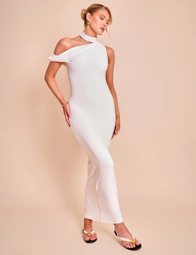 Public Desire Asymmetric One Shoulder Choker Detail Luxe Slinky Midi Dress White - 3
