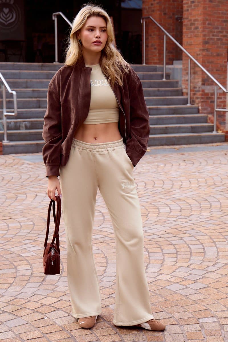 Kaiia Kaiia Logo Wide Leg Sweat Pants in Stone