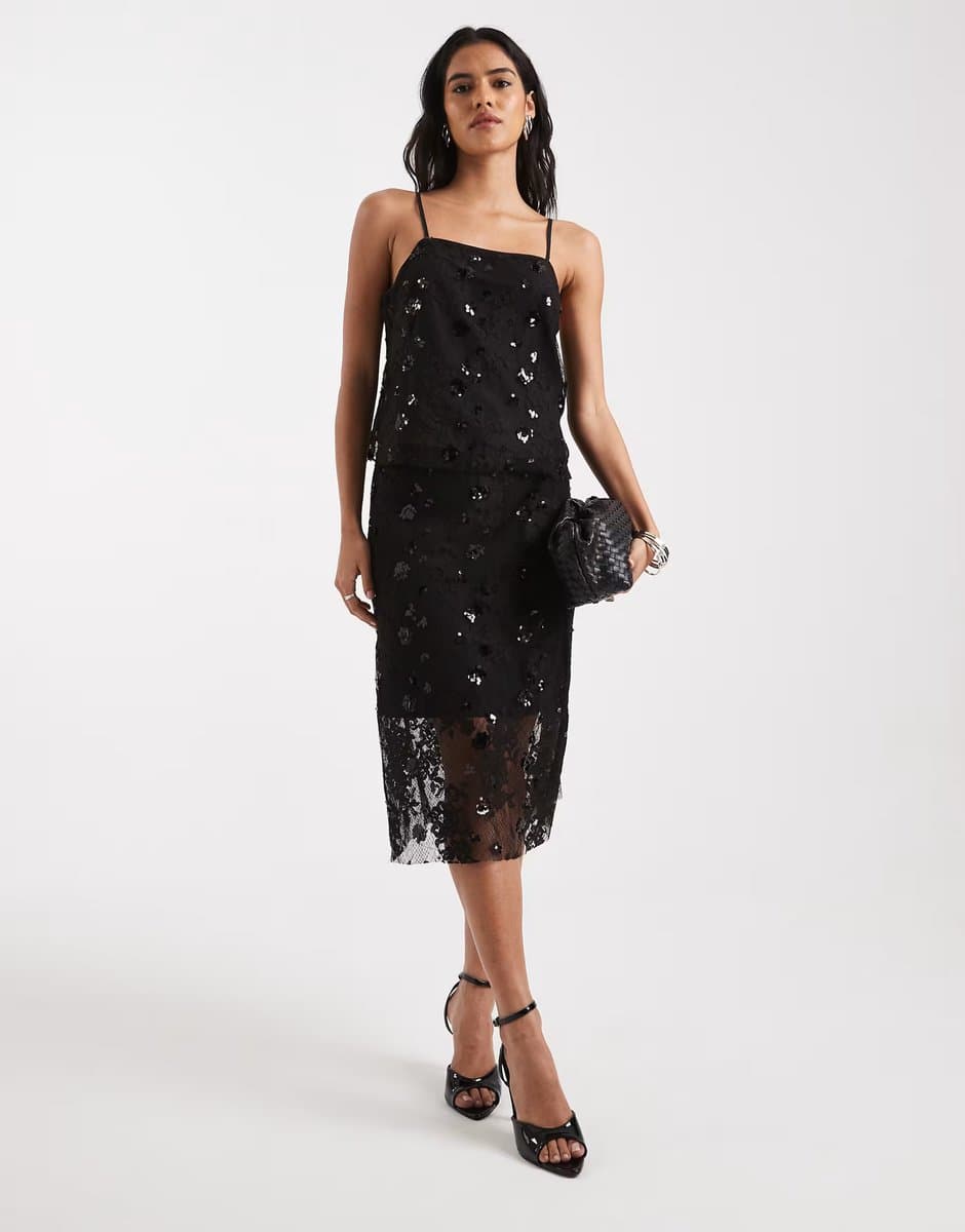 ASOS ONLY sequin embroidery details sheer midi skirt co-ord in black