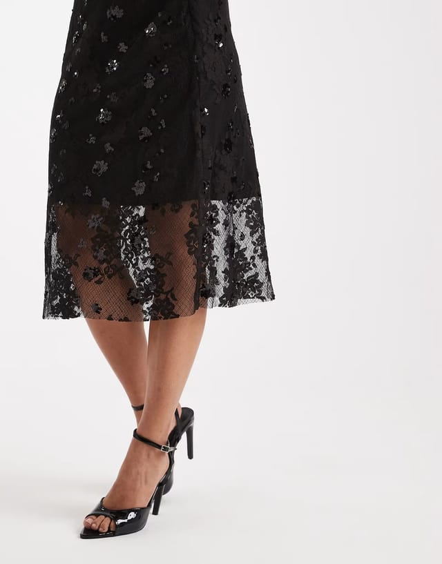 ASOS ONLY sequin embroidery details sheer midi skirt co-ord in black - 2
