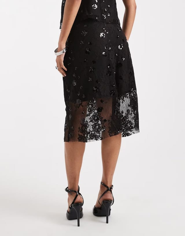 ASOS ONLY sequin embroidery details sheer midi skirt co-ord in black - 3