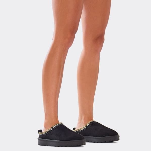 EGO Catch-Up White Aztec Detail Faux Fur Lining Flat Slipper In Black Faux Suede, Women's Size UK 3