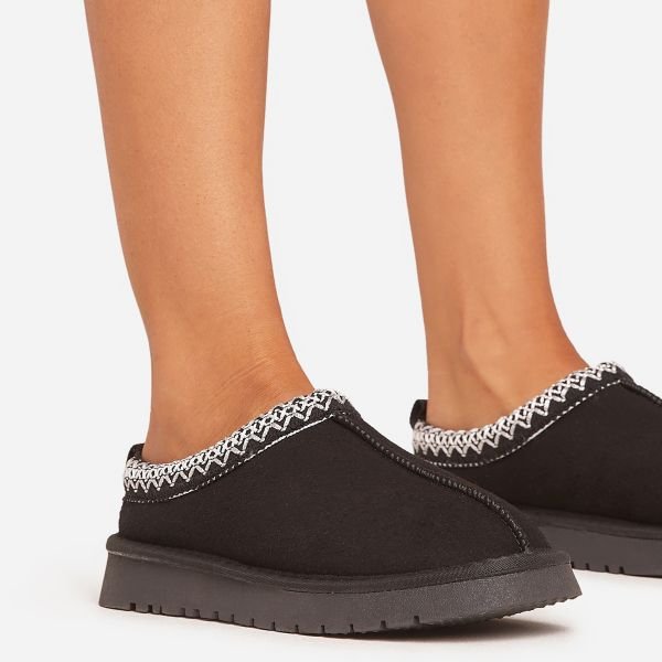 EGO Catch-Up White Aztec Detail Faux Fur Lining Flat Slipper In Black Faux Suede, Women's Size UK 3 - 2