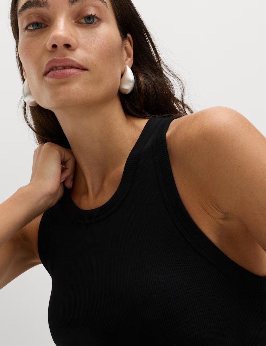 Marks & Spencer M&S Cotton Rich Ribbed Bra Insert Midi Bodycon Dress Black - 2