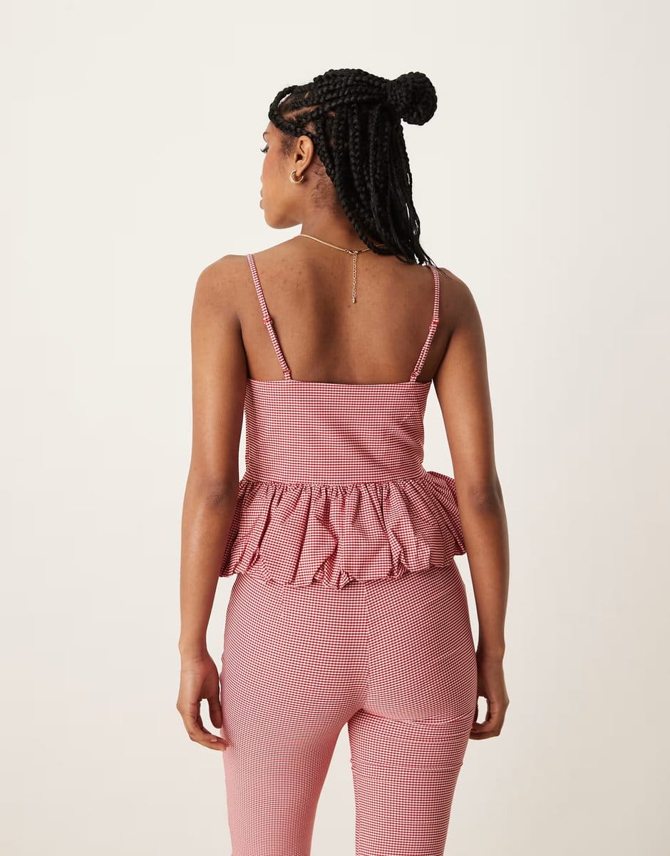 ASOS Mango gingham ruched hem cami co-ord in red - 4