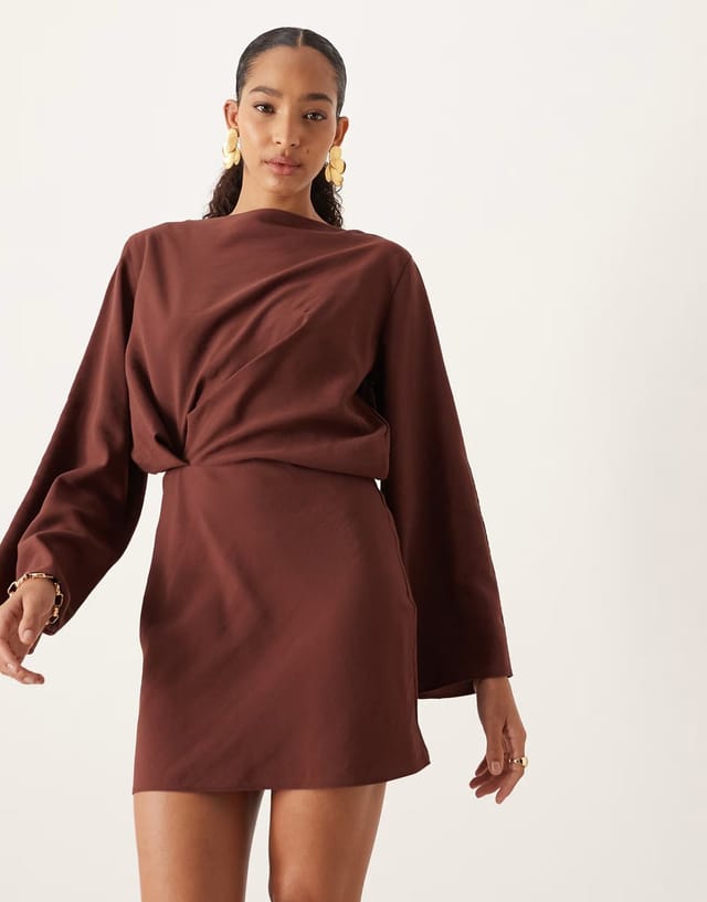 ASOS ASOS DESIGN long sleeve tucked waist bias mini dress in chocolate - 3