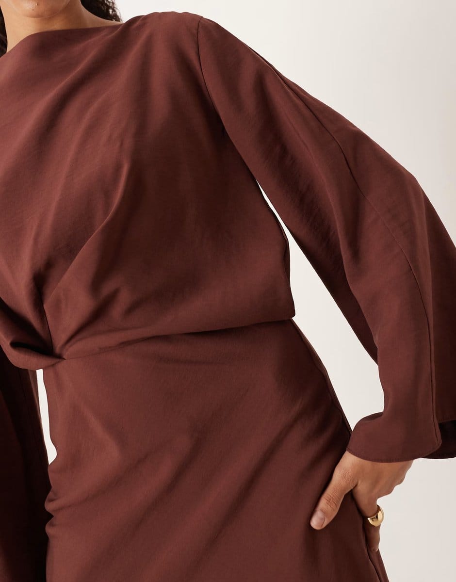 ASOS ASOS DESIGN long sleeve tucked waist bias mini dress in chocolate - 4