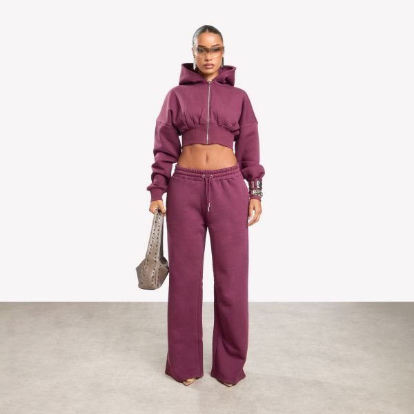 EGO Zip Through Detail Cropped Hoodie In Dark Plum, Women's Size UK 4 - 1