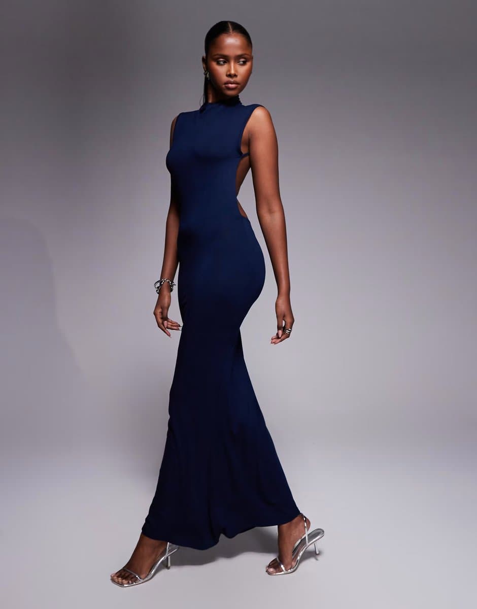 ASOS ASOS DESIGN high neck slash shoulder maxi dress with open back in navy