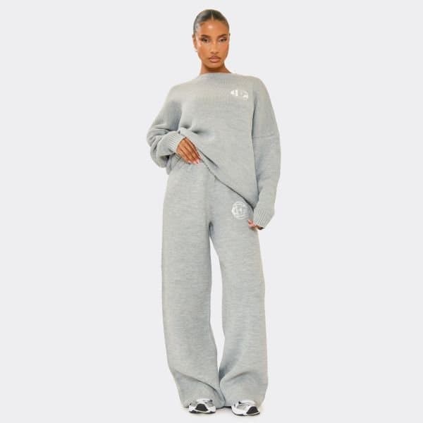 EGO High Waist Embroidered Ego Logo Wide Leg Trousers In Grey Knit, Women's Size UK Small S