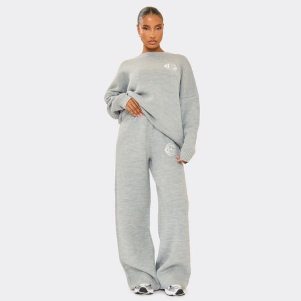 EGO High Waist Embroidered Ego Logo Wide Leg Trousers In Grey Knit, Women's Size UK Small S - 1
