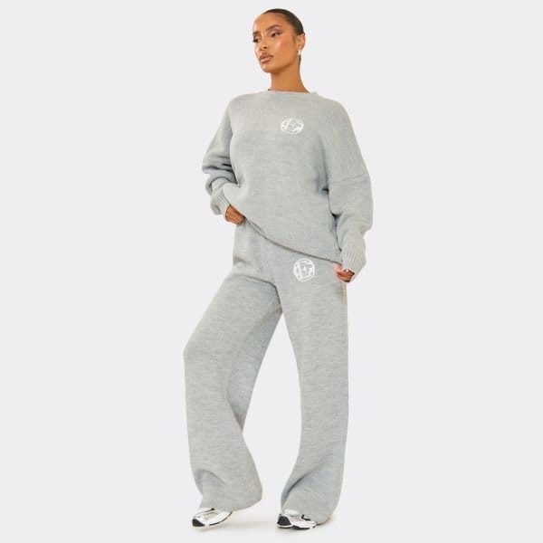 EGO High Waist Embroidered Ego Logo Wide Leg Trousers In Grey Knit, Women's Size UK Small S - 2