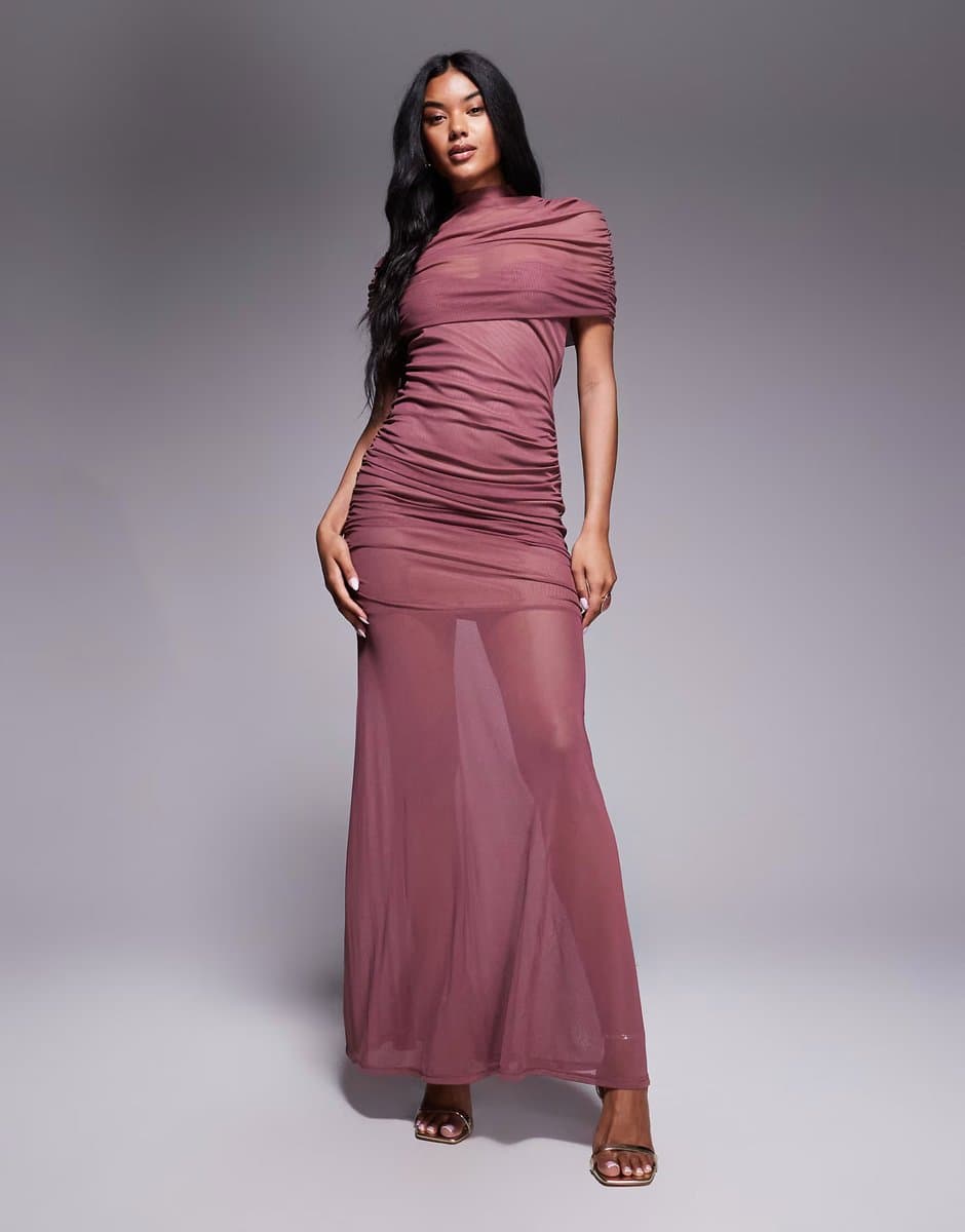 ASOS ASOS DESIGN mesh highneck overlay maxi dress with sheer shirt in dusty rose