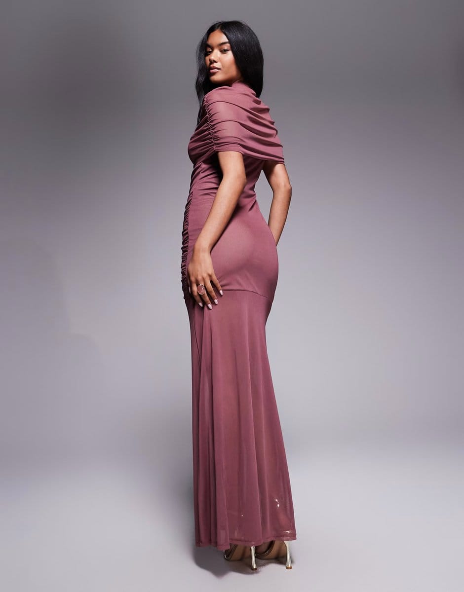 ASOS ASOS DESIGN mesh highneck overlay maxi dress with sheer shirt in dusty rose - 4