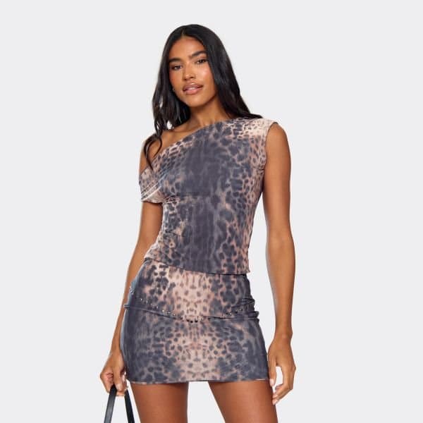 EGO Asymmetric Double Layered Fitted Top In Brown Animal Print, Women's Size UK 6